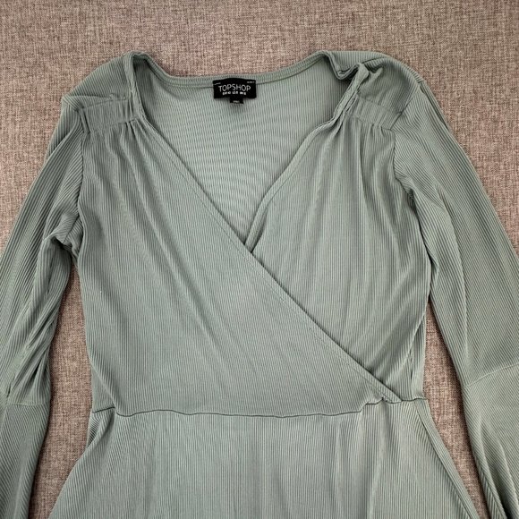 Topshop Ribbed Dress Bell Long Sleeves V-Neck Size 8 Nylon & Elastane‎ Green - Picture 3 of 14